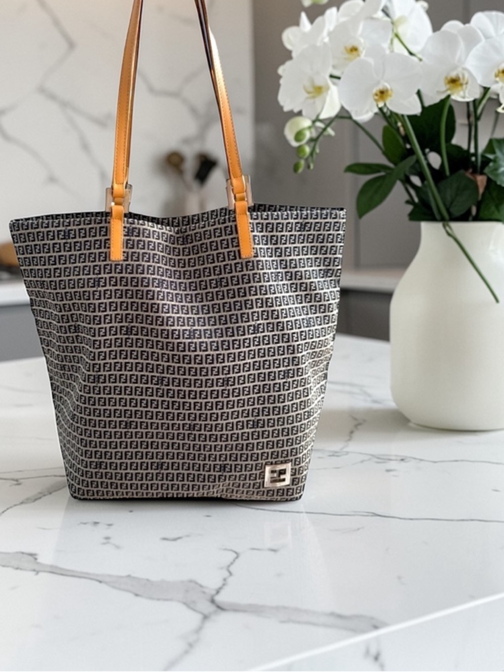 FENDI‎ Vintage Zucchino Monogram Canvas Tote Bag Tan Leather Y2K Authentic